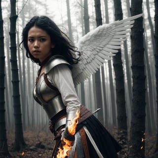 Story, Angelic woman in an beautiful forest, caucasic, black hair, warrior battle pose under medieval battle history, fire wings, battle pose, sword, sparks of fire, elaborate scene style, 1 girl, fighting orcs, glitter, orange, realistic style, 8k,exposure blend, medium shot, bokeh, (hdr:1.4), high contrast, (cinematic, dark orange and white film), (muted colors, dim colors, soothing tones:1.3), low saturation, (hyperdetailed:1.2), (noir:0.4),1 girl, warm color