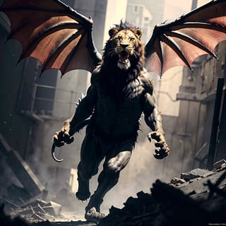 character,character_name Manticore, 1 character animal,mythological,mythology,logo_design,a Manticore (1 manticore,lion head,lion body, wings of a bat,scorpion stinger),lion roar,Lion_roar,front view,shot from the front, look ahead,hyper realistic, front_view,super high definition, high detailed hands,high_resolution,high quality, red_filter,red colorized,(vibrant,photo realistic,realistic,dramatic, dark,sharp focus,8k), (weathered greasy dirty damaged old worn technician worker outfit:1.1), (intricate:1.1), (highly detailed:1.1), digital painting, octane render, (loish:0.23), (global illumination, studio light, volumetric light),high_res,high_resolution,highres,cibertribal,valkyrie style