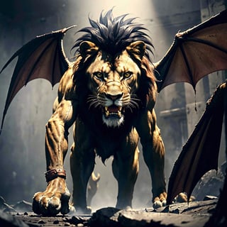 character,character_name Manticore, 1 character animal,mythological,mythology,logo_design,a Manticore (1 manticore,lion head,lion body, wings of a bat,scorpion stinger),lion roar,Lion_roar,front view,shot from the front, look ahead,hyper realistic, front_view,super high definition, high detailed hands,high_resolution,high quality, red_filter,red colorized,(vibrant,photo realistic,realistic,dramatic, dark,sharp focus,8k), (weathered greasy dirty damaged old worn technician worker outfit:1.1), (intricate:1.1), (highly detailed:1.1), digital painting, octane render, (loish:0.23), (global illumination, studio light, volumetric light),high_res,high_resolution,highres,cibertribal,valkyrie style