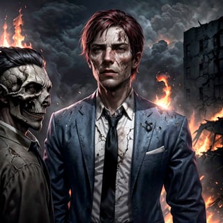 apocalyptic scene, Corrupt politician (with reptilian half face, suit with tie, deformed face), damaged buses, mushroom cloud, skull people, destroyed buildings, acid raining, fire, pandemonium, red sky, dust particles in the environment, far view, far scene view, high_resolution, high quality, red_filter, red colorized, (vibrant, photo realistic, realistic, dramatic, dark, sharp focus, 8k), (weathered greasy dirty damaged old worn technician worker outfit:1.1), (intricate:1.1), (highly detailed:1.1), digital painting, octane render, (loish:0.23), (global illumination, studio light, volumetric light),demonictech,dragonborn,[color] dragonborn (see description and 