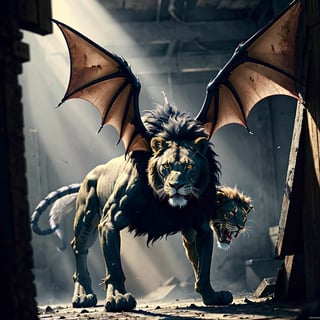 character,character_name Manticore, 1 character animal,mythological,mythology,logo_design,a Manticore (1 manticore,lion head,lion body, wings of a bat,scorpion stinger),lion roar,Lion_roar,front view,shot from the front, look ahead,hyper realistic, front_view,super high definition, high detailed hands,high_resolution,high quality, red_filter,red colorized,(vibrant,photo realistic,realistic,dramatic, dark,sharp focus,8k), (weathered greasy dirty damaged old worn technician worker outfit:1.1), (intricate:1.1), (highly detailed:1.1), digital painting, octane render, (loish:0.23), (global illumination, studio light, volumetric light),high_res,high_resolution,highres,cibertribal,valkyrie style