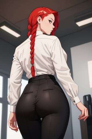 GIRL RED HAIR, BRAIDS, BRAIDS, BACK, BLACK PANTS, TIGHT, SEXY WAIST, SHIRT, ELEGANT, WHITE, CAMERA FROM BELOW, BACK, SEXY