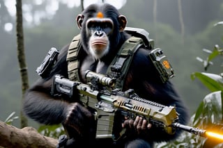 4K, 8K, masterpiece, perfect focus, in_focus, clear focus, best quality, insanely realistic, life like photo, photorealistic long shot of squad of apes futuristic guns raised escorting a sci-fi vehicle with light machine gun mounted on top in a jungle at night like in the movie act of valor, chimps shooting sci-fi guns, chimps aiming rifle, act of valor, genji armor, YAKEDA Full Protection Tactical Tank Top, bomb suit, flak jacket,  cloak, jungle camo armor pattern with neon orange  trim, soldier pants on chimps, aiming guns, firing guns, sci-fi open faced chimp helmet, chimps with cyberpunk headgear, full body armor, weapon master, sword in hand, sword neon glow, neon wrist weapons, bulky weathered space marine armor, perfect eyes, vengeful amber eyes, insanely detailed eyes, hyper realistic eyes, glassy eyes, 4k eyes, sci fi daggers on body, leader sword in hand, leader pistol in hand, leader shotgun, grenades, ultra detailed, flak armor, full body armor, super ripped chimps, huge muscles, neck protection armor, astronaut helmet on chimps, chimp with translucent visored helmet, sci fi helmets, tan weathered and ripped cloaks,  cyberpunk armor, enforcer armor,  full sci-fi plate armor, bandoliers, chimps throwing grenades, chimp raising fist, super muscular chimps, artificially enhanced chimps, intricately detailed guns, hyper detailed guns, intricately detailed weapon detail, guns shouldered, all faces hyper realistic, first two rows faces hyper realistic, Sci fi guns, grumpy gorilla, leader weapon in hand, warrior, warrior armor, leader weathered red matter power suit armor, leader bulky armor, leader detailed eyes, hyper detailed eyes, Extremely detailed face, movie quality face, with a gun, sci-fi armor, cyborg armor, Extremely detailed armor, cyberpunk gasmask, armor glowing trim, helmets, radiance, attack stance, combat stance, rifle, raised, pistol raised, random expression, Congo-apes, Billy ape, helmets with face, flak_jackets, juggernaut armor, enforcer, chest armor, chest armor, shin_ armor, battle belts, tools on belt, bandolier, modern body armor, tech gauntlet, wrist armor, weapons, weapons in hand, weapons on back, the end of humanity, hammers, perfect faces, interesting expressions, natural skin, textured skin, hyper detailed faces, Extremely detailed faces, pores, Extremely detailed weapons, Extremely detailed bodies, planet of the apes, HIGH resolution, SUPER resolution, HYPER resolution, HD resolution, BEAUTIFUL, neon signs, Extremely detailed fur, photorealistic fur, caesar from planet of the apes, Landskaper, Devasted landscape , Forest 