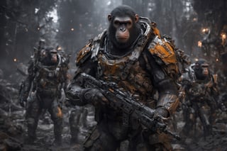 4K, 8K, masterpiece, perfect focus, in_focus, clear focus, best quality, insanely realistic, life like photo, long shot of squad of apes futuristic guns raised sneaking into a human base in a jungle at night like in the movie act of valor, chimps shooting sci-fi guns, chimps aiming rifle, act of valor, genji armor, YAKEDA Full Protection Tactical Tank Top, bomb suit, flak jacket,  cloak, jungle camo armor pattern with neon orange  trim, soldier pants on chimps, holding glowing lightning sword, aiming guns, firing guns, sci-fi open faced chimp helmet, chimps with cyberpunk headgear, full body armor, weapon master, sword in hand, sword neon glow, neon wrist weapons, bulky weathered space marine armor, perfect eyes, vengeful amber eyes, insanely detailed eyes, hyper realistic eyes, glassy eyes, 4k eyes, sci fi daggers on body, leader sword in hand, leader pistol in hand, leader shotgun, grenades, ultra detailed, flak armor, full body armor, super ripped chimps, huge muscles, neck protection armor, astronaut helmet on chimps, chimp with translucent visored helmet, sci fi helmets, tan weathered and ripped cloaks,  cyberpunk armor, enforcer armor,  full sci-fi plate armor, bandoliers, chimps throwing grenades, chimp raising fist, super muscular chimps, artificially enhanced chimps, intricately detailed guns, hyper detailed guns, intricately detailed weapon detail, guns shouldered, all faces hyper realistic, first two rows faces hyper realistic, Sci fi guns, grumpy gorilla, leader weapon in hand, warrior, warrior armor, leader weathered red matter power suit armor, leader bulky armor, leader detailed eyes, hyper detailed eyes, Extremely detailed face, movie quality face, with a gun, sci-fi armor, cyborg armor, Extremely detailed armor, cyberpunk gasmask, armor glowing trim, helmets, radiance, attack stance, combat stance, rifle, raised, pistol raised, random expression, Congo-apes, Billy ape, helmets with face, flak_jackets, juggernaut armor, enforcer, torches in hand, torches, cinematic fire, chest armor, chest armor, shin_ armor, battle belts, tools on belt, bandolier, modern body armor, tech gauntlet, wrist armor, weapons, weapons in hand, weapons on back, the end of humanity, hammers, perfect faces, interesting expressions, natural skin, textured skin, hyper detailed faces, Extremely detailed faces, pores, Extremely detailed weapons, Extremely detailed bodies, planet of the apes, HIGH resolution, SUPER resolution, HYPER resolution, HD resolution, BEAUTIFUL, neon signs, Extremely detailed fur, photorealistic fur, caesar from planet of the apes