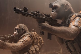 4K, 8K, masterpiece, perfect focus, in_focus, clear focus, best quality, insanely realistic, life like photo, photorealistic long shot of squad of apes futuristic guns raised escorting a sci-fi vehicle with light machine gun mounted on top in a jungle at night like in the movie act of valor, chimps shooting sci-fi guns, chimps aiming rifle, act of valor, genji armor, YAKEDA Full Protection Tactical Tank Top, bomb suit, flak jacket,  cloak, jungle camo armor pattern with neon orange  trim, soldier pants on chimps, aiming guns, firing guns, sci-fi open faced chimp helmet, chimps with cyberpunk headgear, full body armor, weapon master, sword in hand, sword neon glow, neon wrist weapons, bulky weathered space marine armor, perfect eyes, vengeful amber eyes, insanely detailed eyes, hyper realistic eyes, glassy eyes, 4k eyes, sci fi daggers on body, leader sword in hand, leader pistol in hand, leader shotgun, grenades, ultra detailed, flak armor, full body armor, super ripped chimps, huge muscles, neck protection armor, astronaut helmet on chimps, chimp with translucent visored helmet, sci fi helmets, tan weathered and ripped cloaks,  cyberpunk armor, enforcer armor,  full sci-fi plate armor, bandoliers, chimps throwing grenades, chimp raising fist, super muscular chimps, artificially enhanced chimps, intricately detailed guns, hyper detailed guns, intricately detailed weapon detail, guns shouldered, all faces hyper realistic, first two rows faces hyper realistic, Sci fi guns, grumpy gorilla, leader weapon in hand, warrior, warrior armor, leader weathered red matter power suit armor, leader bulky armor, leader detailed eyes, hyper detailed eyes, Extremely detailed face, movie quality face, with a gun, sci-fi armor, cyborg armor, Extremely detailed armor, cyberpunk gasmask, armor glowing trim, helmets, radiance, attack stance, combat stance, rifle, raised, pistol raised, random expression, Congo-apes, Billy ape, helmets with face, flak_jackets, juggernaut armor, enforcer, chest armor, chest armor, shin_ armor, battle belts, tools on belt, bandolier, modern body armor, tech gauntlet, wrist armor, weapons, weapons in hand, weapons on back, the end of humanity, hammers, perfect faces, interesting expressions, natural skin, textured skin, hyper detailed faces, Extremely detailed faces, pores, Extremely detailed weapons, Extremely detailed bodies, planet of the apes, HIGH resolution, SUPER resolution, HYPER resolution, HD resolution, BEAUTIFUL, neon signs, Extremely detailed fur, photorealistic fur, caesar from planet of the apes, Landskaper, Devasted landscape , Forest 