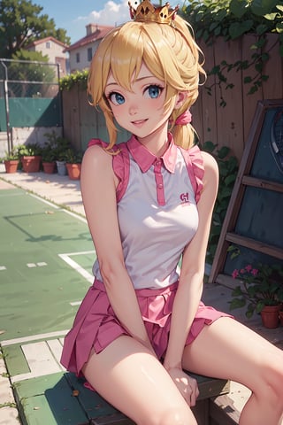 photography,masterpiece,4k,20 years old,natural smile,blonde hair, ponytail hairstyle, looking at viewer, (medium small breasts: 1.5), (white shirt with pink tennis style: 1.5), (Sleeveless: 1.5),(pink short skirt: 1.5), crown, sitting, tennis shoes,Banking, complex backgroud, 