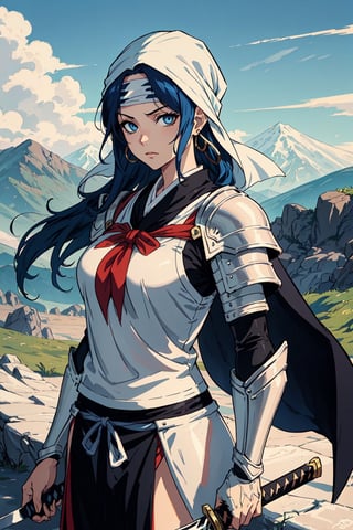 ((Style of bleach)), warrior girl,  blue hair, long hair, blue eyes, (sword in the back), earrings, light armor,  bandana, portrait, mountains, sky, scenary