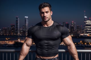 night skylines with a beautiful cityscape, a handsome man facing the camera, (at night):1.5, 4K ultra hd realistic, bulging biceps, chiseled physique, (black form-fitting underwear):1.5, (black form-fitting t-shirt):1.5, soft lighting, shadows accentuating muscles, Arial view, perfecteyes,no trigger words,erection