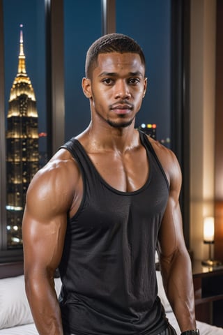 half body portrait shot, an ebony young athletic handsome man, in a luxury hotel room with a big windowed skyscrapers view, shadows accentuating muscles, buzz cut, black tank top, deep light brown eyes, eye_contact, (at night):2, photography, masterpiece, 4k ultra hd, soft lighting, extremely realistic, noise-free realism, sigma 85mm f/1.4