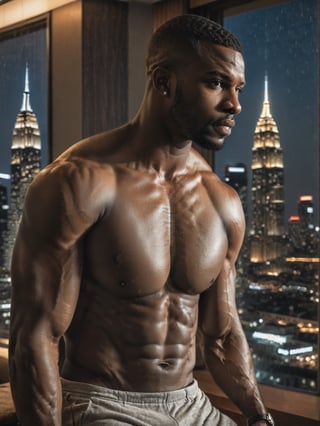 half body portrait shot, an ebony athletic handsome man, in a luxury hotel room with a big windowed skyscrapers view, shadows accentuating muscles, buzz cut, deep light brown eyes, eye_contact, (at night):2, photography, masterpiece, 4k ultra hd, soft lighting, extremely realistic, noise-free realism, sigma 85mm f/1.4, more detail XL,more detail XL