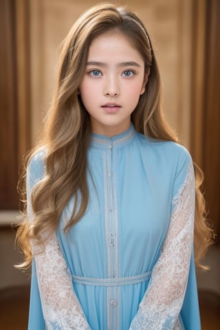 A girl(8 years old,blond_hair,long_curly_hair,oval face, broad forehead,smart eyebrow,((round blue eyes)),beautiful nose ,((rosy cheeks )),(bright skin tone ),sexy lips,fully_clothed,(((perfect anatomy)), girl wearing islamic clothes, look at straight),full-body_portrait,(((jesus cross in background))), ghostly scenes, (((detailed background))),high_resolution, (masterpiece), cinematic photo raw photo 4k gopro4 shot, ultra detailed, realistic, photo realistic, professional photo shooting