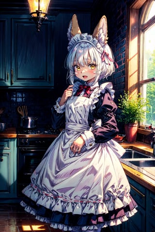 1girl, solo, furry, fluffy, brown fur, short hair, nanachi \(made in abyss\), animal ears, tail, yellow eyes, maid, apron, puffy sleeves, long sleeves, maid headband, :3, open mouth, standing, looking at viewer, kitchen 