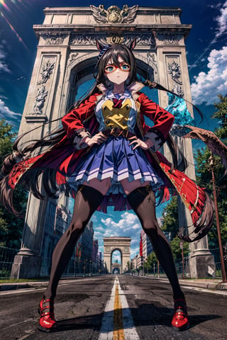 masterpiece, best quality, el condor pasa \(umamusume\), triumphal arch, the Arc de Triomphe, blue sky, cloud, sunlight, full body, standing, animal on shoulder, eagle on shoulder, hands on hip, domino mask, sailor collar, long sleeves, yellow shirt, buttons, red coat, open coat, belt, pleated skirt, blue skirt, miniskirt, black thighhighs, red footwear,aaelcondor,FFIXBG,LODBG, blue eyes