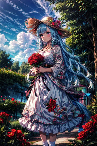 ((masterpiece, best quality)), 1girl, flower, solo, holding, sky, cloud, outdoors, bangs, bouquet, rose, expressionless, blush, flower field, red flower, holding flower, red rose, holding bouquet, sun hat, depth of field, mejiro ardan \(umamusume\), jewelry, necklace, long sleeves, white shirt, belt, necklace, blue skirt, long skirt, floral print, socks,