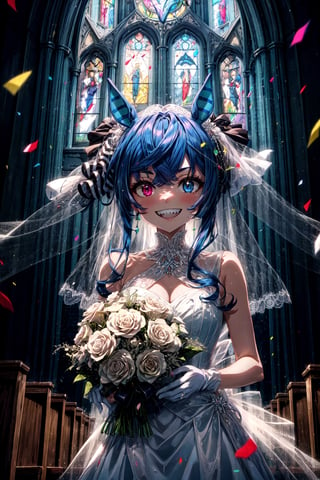 masterpiece, best quality, highres, aatwin, sharp teeth, horse tail, heterochromia, twintails, long hair, , wedding dress, white gloves, bouquet, smile, grin, church, confetti,