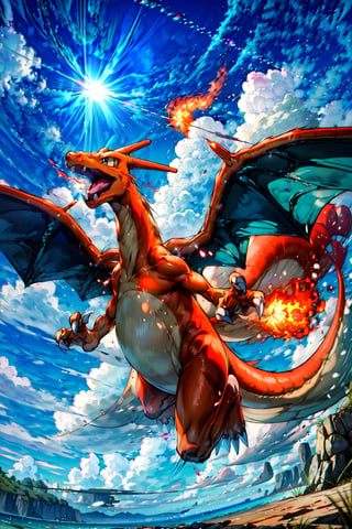 ((masterpiece,best quality)), absurdres, award winning photo, Charizard_Pokemon, flame-tipped tail, wings, 3d, blue_sky, cloud, cloudy_sky, day, depth_of_field, explosion, jumping, motion_blur, no_humans, ocean, open_mouth, outdoors, pokemon_\(creature\), sky, sun, 