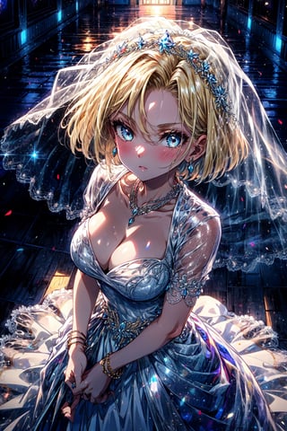 android18, 1girl, solo, breasts, looking_at_viewer, short_hair, blue_eyes, blonde_hair, cleavage, jewelry, medium_breasts, bride, veil, closed_mouth, long_dress, from_above, wedding_dress,