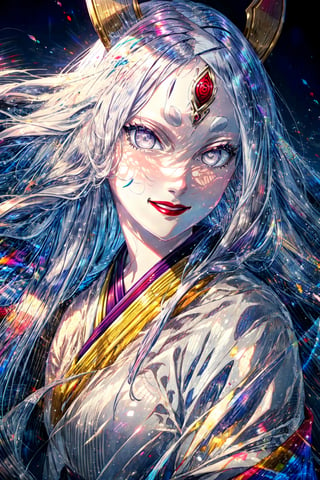 masterpiece, best quality,
1girl, otsutsukikaguya, grey hair, long hair, grey eyes, third eye, horns, 
kimono, lipstick, pale skin, red lips,
smile,  upper body, solo, looking at viewer, simple background