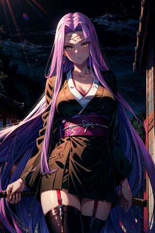 (masterpiece:1.4), (best quality:1.4), 1girl, , medusa (rider) (fate),long hair, medusa (fate), purple hair, solo, yellow eyes,large breasts, very long hair, night, thighhighs, (kimono), 2katana, lingerie,