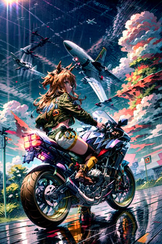 masterpiece, best quality, mayano topgun \(umamusume\), dog tags, navel, brown thighhighs, midriff, yellow crop top, bomber jacket, white short shorts, green jacket, boots, brown footwear, open jacket, ground vehicle, motorcycle, military vehicle, riding, from side, airplane, aircraft, cloud,