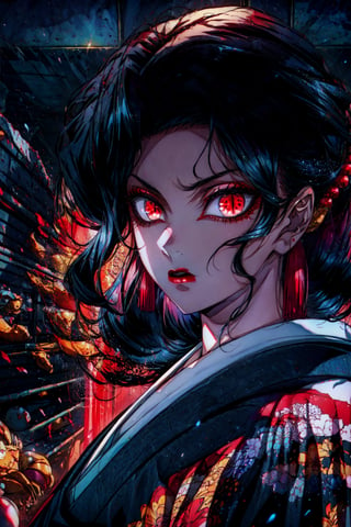 (masterpiece:1.2, best quality), MuzanFemale, 1girl, red eyes, kimono, black hair, solo, looking at viewer, red lips, makeup, upper body, lipstick, hair ornament, earrings, jewelry, long hair, angry, closed mounth, standing, cinematic lighting, tradional japanese interior, demonic, red particles, detailed background, complex structures, hyperdetailed sharp face, dynamic pose