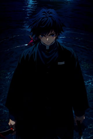 tomioka giyuu, demon slayer, 1boy, solo, upper body, (water, blue aura, flowing water), katana, patterned background,sword, holding katana, fighting stance, looking at viewer, long hair, blue eyes, black hair, standing, jacket, male focus, japanese clothes, black jacket, demon slayer uniform, 