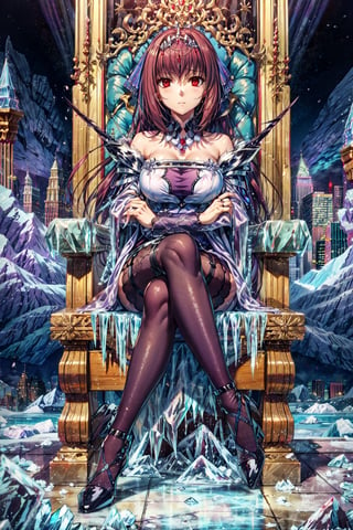 masterpiece,best quality,1girl,mature female,scathach skadi \(fate\),DefaultOutfit,C1,expressionless,sitting,crossed legs,ice throne,palace interior,(ice palace),ice,