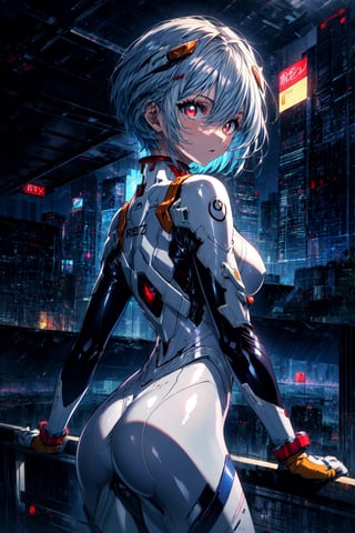 incredibly absurdres,huge filesize,wallpaper,available light,anime,1girl,,rei ayanami,1girl,blue hair,red eyes,bright_pupils,short hair,flat chest,hair between eyes,breasts,plugsuit,bodysuit,white bodysuit,pilot suit,science fiction,beautiful eyes,more hair detail,,day,cloudy,city,wide_shot,from_back,railing,