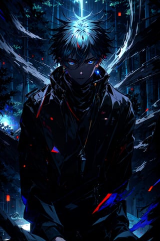 1boy, Megumi a man in a black coat and black pants, (masterpiece), best quality, highres, (realistic face:1.1), (hyperrealistic:1.3), 4k, 8k, Detailed Illustration, intricate detail, glowing particles, floating, cinematic lighting, sharp shadows, amazing quality, amazing shading, (symetrical:0.5), facing camera, ultra-detailed, black default_outfit , ((upperbody)), night, moon, full moon, detailed forest, detailed background, (outdoors:1.3), (dark_forest background:1.3), sitting,relaxed, blue eyes, looking at viewer, detailed eyes, detailed face, realistic,aura_power,Circle