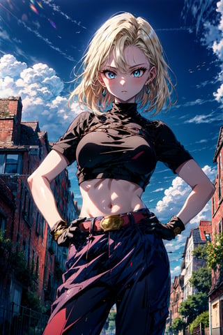 (extremely detailed CG unity 4k wallpaper),(masterpiece),(best quality),(ultra-detailed),(best illustration),(best shadow),(absurdres),(detailed background), Android 18, 1girl, solo, blonde hair, crop top, gloves, midriff, android 18, navel, jewelry, earrings, blue eyes, long hair, white gloves, hand on hip, cloud, belt, breasts, sky, pants, looking at viewer, signature, outdoors, day, blue sky, cloudy sky