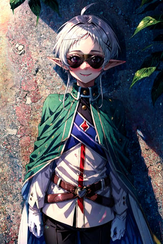 masterpiece, best quality, absurdres, SylphietteUniform, short hair, ahoge, white shirt, black pants, belt, white gloves, green cloak, (sunglasses), outdoors, smile, blush