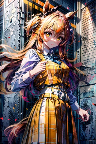 masterpiece, best quality, mayano topgun \(umamusume\), long sleeves, white shirt, plaid skirt, pleated skirt, yellow skirt, white belt, belt buckle, yellow vest, orange skirt,