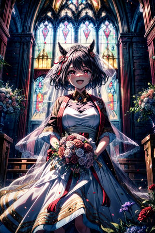 masterpiece, best quality, highres, aakitasan, animal ears, short hair, streaked hair, hair ornament, medium breasts, horse tail, , wedding dress, bridal veil, church, garden, holding bouquet, smile, open mouth, tears