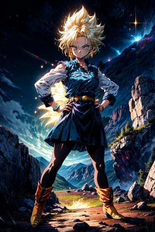 1girl, (glowing body:1.4), (body whole covered by yellow light like super saiyan:1.4), blue eyes, boots, brown footwear, earrings, jewelry, outstretched arm, outstretched hand, pantyhose, standing, hand on hip, denim, black shirt, blonde hair, short hair, sleeveless jacket, denim jacket, denim skirt, solo, skirt, belt, brown belt, striped sleeves, closed mouth, long sleeves, Akira Toriyama, rocks, high rocks, wilderness, blue sky, full body, looking at viewer, android 18,