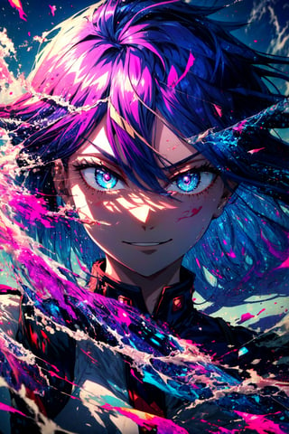 ((best quality)), ((highly detailed)), masterpiece, ((official art)), (detailed eyes, deep eyes), (1girl), , midnightmha, boku no hero academia, purple hair, very long hair, sky blue eyes, smirk, (pink mist), (torn clothes), , glowart:1, glowing, sketch, drawing