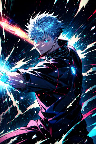 (masterpiece,best quality), 1boy, muscular,fighting stance,mecha, Jujutsu Kaisen , (action shot, speed lines,glowing circle,glowing lines,illustration,) satoru gojo,white hair,short hair,hair between eyes,blue eyes,colored eyelashes,