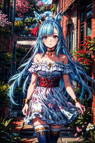 masterpiece, best quality, mejiro ardan \(umamusume\), cherry blossoms, official alternate costume, choker, detached sleeves, wrist cuffs, off-shoulder dress, white dress, strapless dress, bare shoulders, collarbone, blue thighhighs,