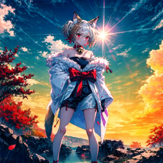 1girl, standing, long shot, light smile, despair, (highres, realistic, best quality, masterpiece, ultra-detailed, textured, ambient lighting, cinematic lighting), animal ears ,1girl , fox ears, animal ear fluff ,bangs , red eyes , multicolored hair , twintails , animal ear fluff ,brown hair , hair ornament ,bell , solo , looking at viewer ,braid ,neck bell , fox girl , jingle bell ,gloves , fur trim , ribbon ,two-tone hair ,japanese clothes ,off shoulder ,bare shoulders ,collar ,bow ,long sleeves , streaked hair ,blush , black gloves , tail ,white hair , fox tail , kimono ,wide sleeves , red bow , red ribbon ,multiple tails , red hair , collarbone , hair ribbon , short hair , choker , socks , shorts , ribbon trim , sash , black shorts , rope , small breasts , white kimono , fur-trimmed sleeves , tabi , black footwear , black socks , gradient hair , v-shaped eyebrows , dress ,sandals , hair between eyes , obi , medium hair , grey hair , thick eyebrows , short twintails , strapless , sweat , shimenawa , outdoors , fur-trimmed kimono kitsune,white half sun,cloud,white background,orange sky, lens flare, back lighting,