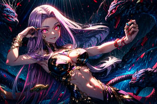 MedGorg, 1girl, bare shoulders, breasts, bustier, cleavage, clothing cutout, jewelry, large breasts, long hair, looking at viewer, medusa \(fate\), navel, purple eyes, purple hair, scales, smile, solo, very long hair, (glowing eyes:1.3), snake hair, snake tail, claws