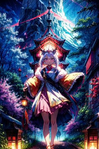 anime artwork (by kame 3:0.6), (by kemokin mania:0.4), outdoor, mystic wood, night, glowing, holding lantern BREAK nanachi, narehate, white hair, horned helmet, headdress, bottomless,   dwarf . anime style, key visual, vibrant, studio anime, highly detailed