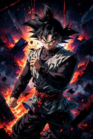 ((masterpiece, best quality)),(complex light),absurdres, highres, 1boy,solo,fighting stance, goku black,black hair,black eyes, fire destroyed debris background,smirk,