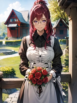 best quality, (masterpiece:1.2), detailed,,1girl, solo, closed mouth, smile,ponytail, long hair, red hair, purple eyes, glasses,maid headdress, maid, long sleeves, collared shirt, black shirt, maid apronstanding, looking at the viewer, upper body,outdoors, tree, rock, wooden fence, house