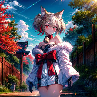 1girl, standing, long shot, light smile, despair, (highres, realistic, best quality, masterpiece, ultra-detailed, textured, ambient lighting, cinematic lighting), animal ears ,1girl , fox ears, animal ear fluff ,bangs , red eyes , multicolored hair , twintails , animal ear fluff ,brown hair , hair ornament ,bell , solo , looking at viewer ,braid ,neck bell , fox girl , jingle bell ,gloves , fur trim , ribbon ,two-tone hair ,japanese clothes ,off shoulder ,bare shoulders ,collar ,bow ,long sleeves , streaked hair ,blush , black gloves , tail ,white hair , fox tail , kimono ,wide sleeves , red bow , red ribbon ,multiple tails , red hair , collarbone , hair ribbon , short hair , choker , socks , shorts , ribbon trim , sash , black shorts , rope , small breasts , white kimono , fur-trimmed sleeves , tabi , black footwear , black socks , gradient hair , v-shaped eyebrows , dress ,sandals , hair between eyes , obi , medium hair , grey hair , thick eyebrows , short twintails , strapless , sweat , shimenawa , outdoors , fur-trimmed kimono kitsune,white half sun,cloud,white background,orange sky, lens flare, back lighting,