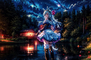 (masterpiece, high quality, best quality, detailed, anime:1.4), 1girl, solo, upper body, night, (lake, outdoor:1.2), (starry sky background:1.2), from back, straight hair, standing  k.s.miracle \(umamusume\), ear covers, blue shirt, collared shirt, blue coat, open coat, white ascot, brooch, jewelry, white gloves, half gloves, long sleeves, belt, black pants, thigh strap, tailcoat, boots  mejiro ardan \(umamusume\), ear ornament, black gloves, white gloves, asymmetrical gloves, mismatched gloves, detached sleeves, puffy sleeves, short sleeves, long sleeves, asymmetrical sleeves, uneven sleeves, ribbon, bare shoulders, off-shoulder dress, black dress, frilled dress, center frills, knee boots, asymmetrical footwear, mismatched footwear