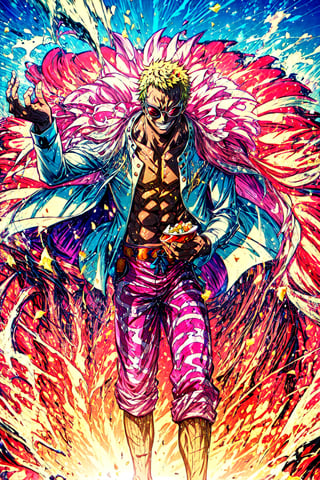  Highly detailed, High Quality, Masterpiece, beautiful, 1boy, solo, SaltBaeMeme, , salt, sunglasses, kitchen, food, doflamingo, boa_coat, , grin