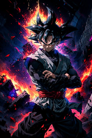 ((masterpiece, best quality)),(complex light),absurdres, highres, 1boy,solo,fighting stance, goku black,black hair,black eyes, ,destroyed debris background,smirk, fire,