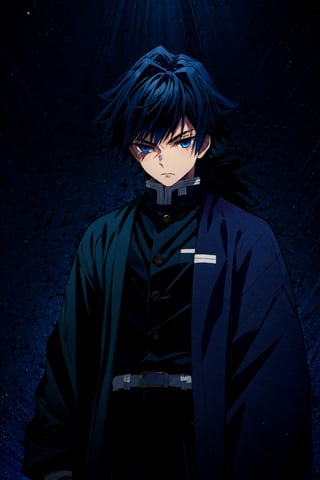 tomioka giyuu, demon slayer, 1boy, solo, upper body, blue background, emphasis lines, looking at viewer, long hair, blue eyes, black hair, standing, jacket, male focus, japanese clothes, black jacket, demon slayer uniform,