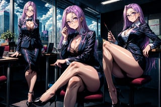 MedCas, 1girl, long hair, looking at viewer, smile, skirt, large breasts, shirt, long sleeves, holding, cleavage, sitting, purple eyes, jacket, full body, purple hair, ass, thighs, glasses, shiny, miniskirt, black footwear, high heels, legs, multiple views, formal, crossed legs, suit, pencil skirt, page number, office lady, business suit, teacher, skirt suit, pointer, multiple views,