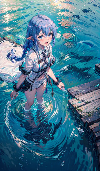 best quality, (masterpiece:1.2), detailed,,1girl, solo, open mouth, light smile, light blush,twin braids, long hair, blue hair, ahoge, blue eyes,white bikini, small breasts,(in water:1.2), standing, looking at the viewer, from above,ocean, water, splash