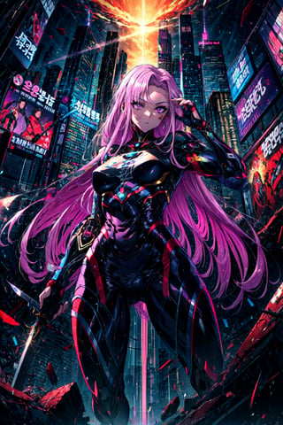 ((MedGorg)), gorgon \(fate\), slit pupils, looking at viewer, hair flowing over, a woman in a futuristic suit holding a sword, scenery art detailed, purple eyes, (art station), webtoon, cyborg merchant woman, appearing from the background, mascot illustration, chaotic revenge, in ruins, —ar 16:9, beautiful android woman, korean artist